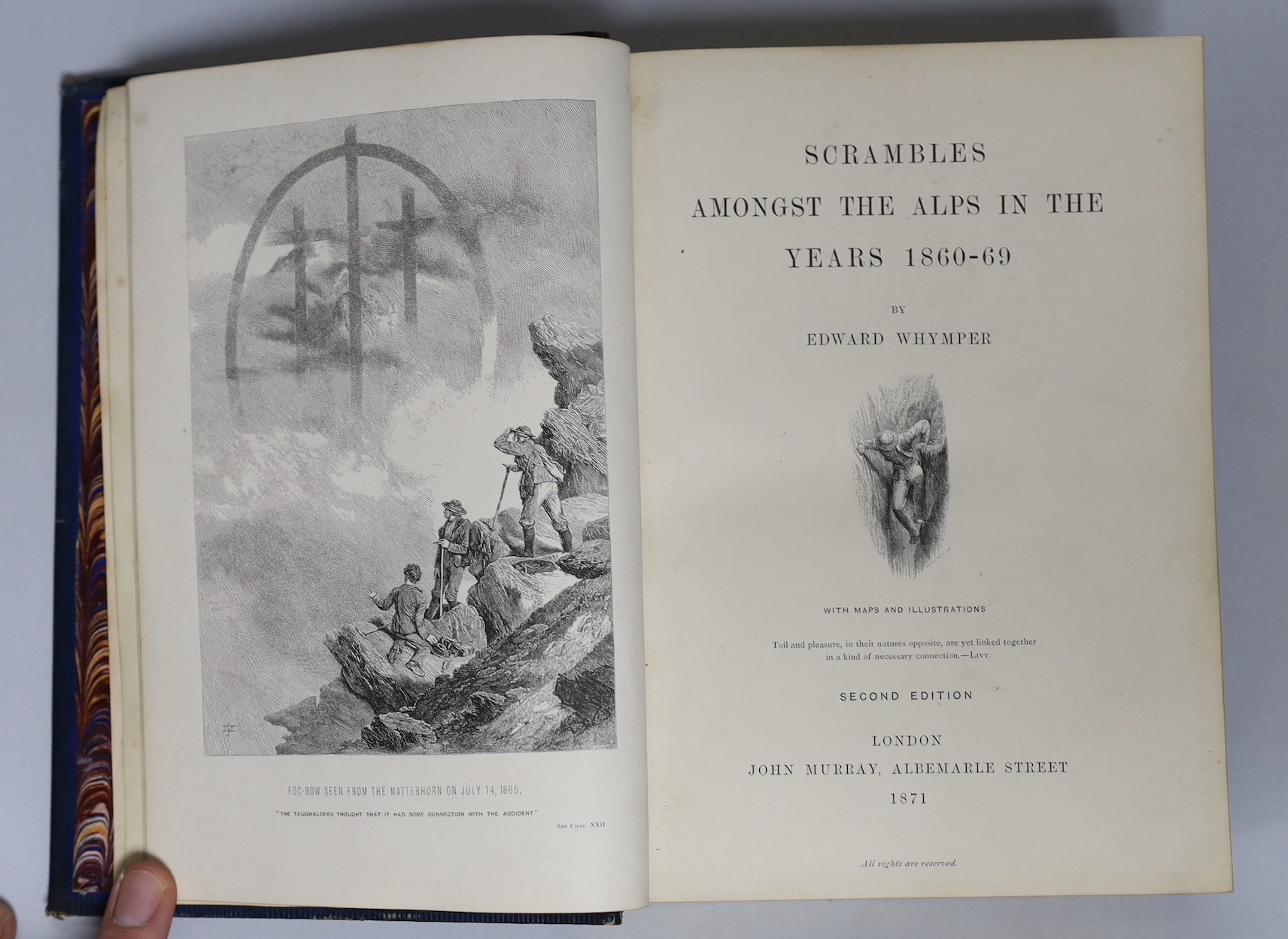 Whymper, Edward - Scrambles Amongst the Alps in the Years 1860-69, 2nd edition, 8vo, blue morocco gilt, John Murray, London, 1871 and Conway, Sir William Martin - The Alps from End to End, illustrated by A.D. M’Cormick,